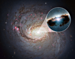 Active galazy NGC 1068 and artist rendering of ita central black hole