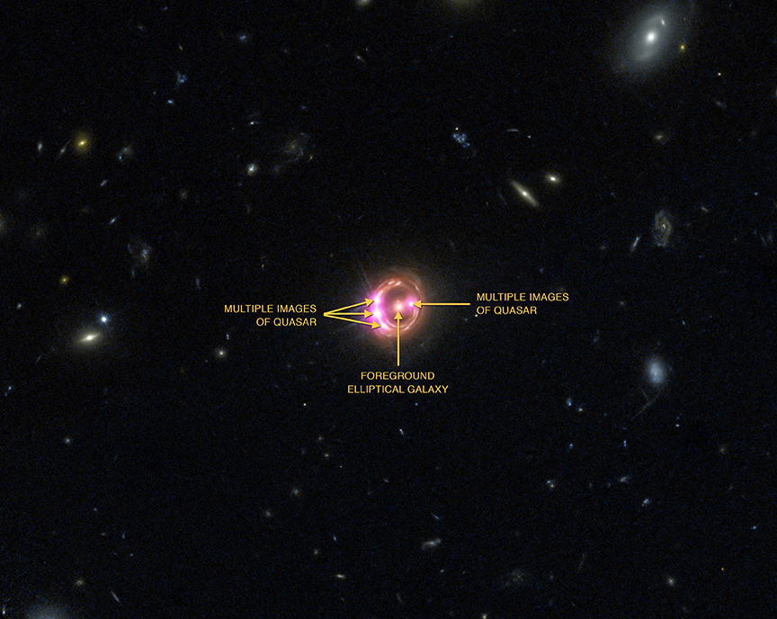 Composite optical/x-ray image of lensed quasar RX J1131-1231 showing gravitational lensing