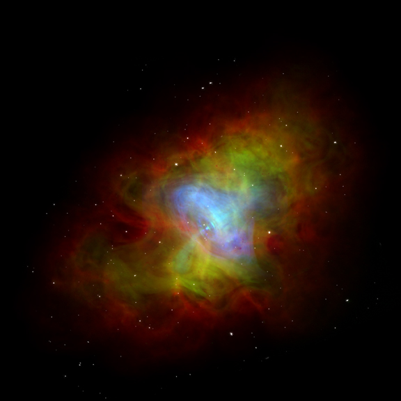 Radio, optical and X-ray composite of the Crab Nebula