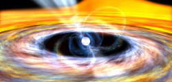 Illustration of a neutron star accreting gas from a compaion star.  Inset shows emission from iron atoms in the accretion disk of the X-ray binary Aql X-1