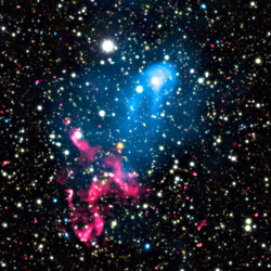 X-ray, optical and radio composite of the collision of 2 galaxy clusters