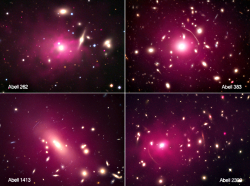 Chandra (purple) and optical observations tracing normal and dark matter distributions in galaxy clusters