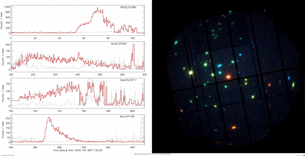 XMM image of rho oph star forming region (right) and lightcurves (left)