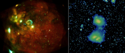 eROSITA first light with all 7 telescopes.  Left: X-ray image of the LMC; Right: Interacting galaxies