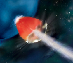 Artist rendition of a jet-driven supernova in a metal-poor blue supergiant star