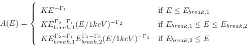 \begin{displaymath}
A(E) = \left\{ \begin{array}{ll}
K E^{-\Gamma_1} & \mbox{if...
..._3} &
\mbox{if $E_{break,2} \leq E$} \\
\end{array} \right.
\end{displaymath}