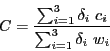 \begin{displaymath}
C = \frac{\sum_{i=1}^{3} \delta_i \ c_i}{\sum_{i=1}^{3} \delta_i \ w_i}
\end{displaymath}