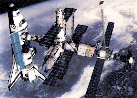 artist concept of Mir with Kvant module and space shuttle