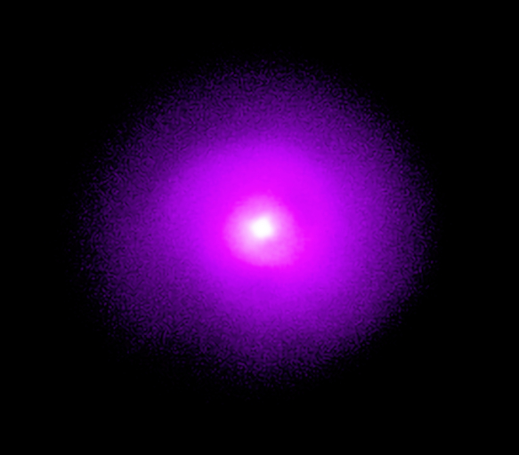 Left: observations of the Perseus Cluster from NASA's IXPE (Imaging X-Ray Polarimetry Explorer).  Right: an image of the Perseus Cluster by the Chandra X-ray Observatory at the same spatial scale.  3C84 is the bright point at the center of the IXPE image