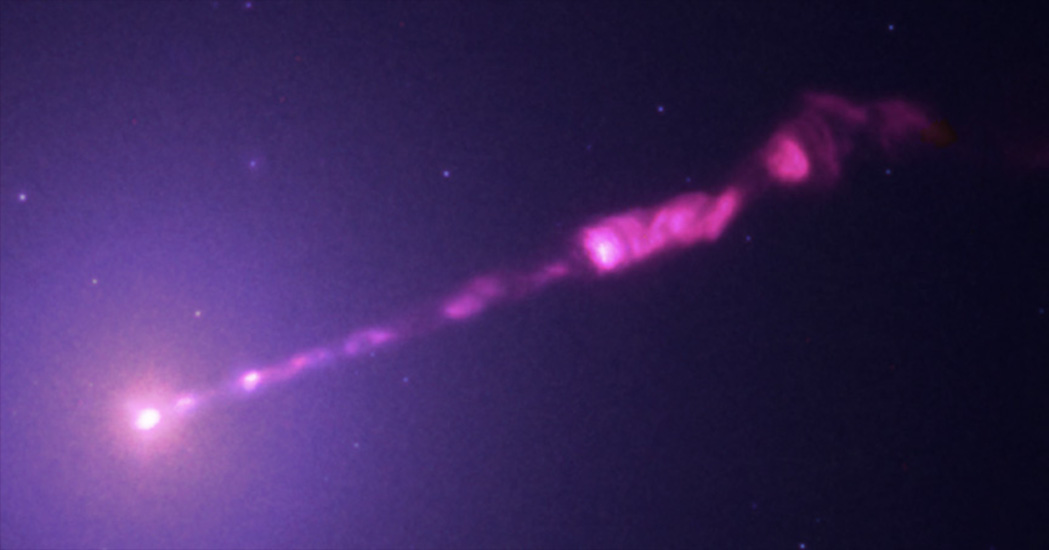 Composite  Chandra X-ray, radio, IR, and optical image of the M87 jet