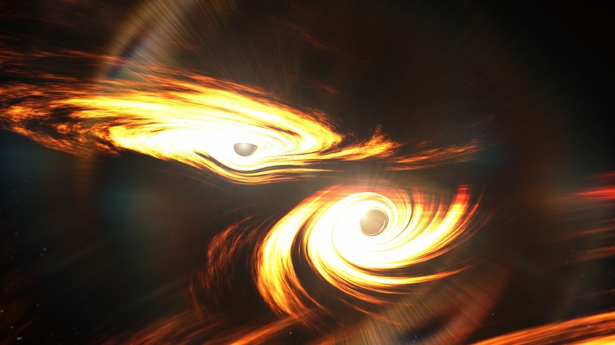 Illustration of two black holes in a binary system, about to merge