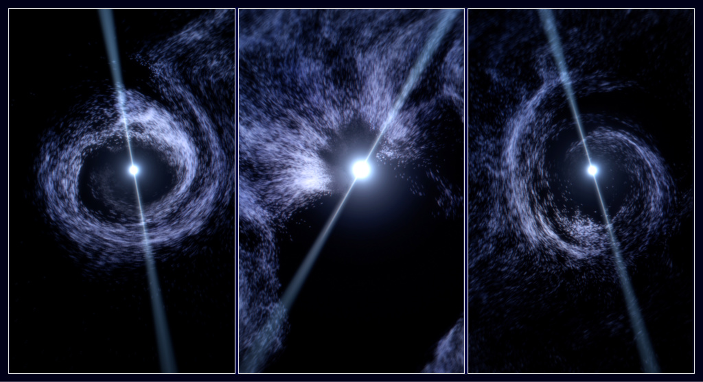 Three-panel artist's illustration of the pulsar's passage through wind stream in the BP Cru binary system