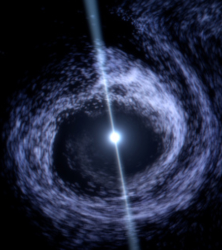 Three-panel artist's illustration of the pulsar�s passage through wind stream in the BP Cru binary system