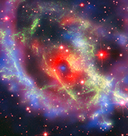 Optical and X-ray image of supernova remnant E0102 in the Small Magellanic Cloud with a newly-identified isolated neutron star inside the red ring