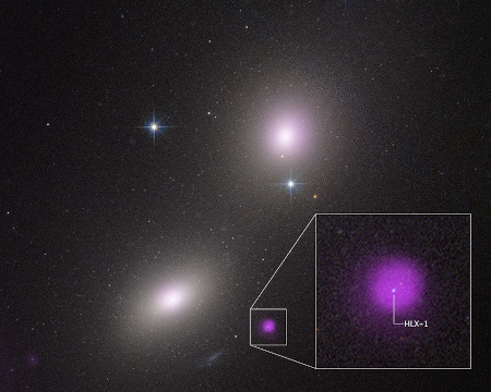 Composite Chandra X-ray/Hubble optical image of an elliptical galaxy showing an X-ray outburst produced by an intermediate mass black hole devouring a star Composite Chandra X-ray/Hubble optical image of an elliptical galaxy showing an X-ray outburst produced by an intermediate mass black hole devouring a star