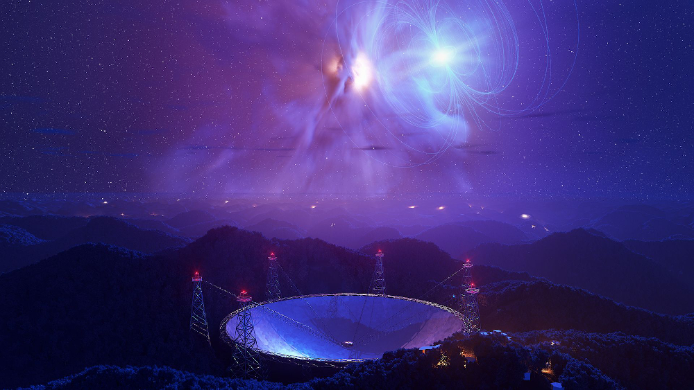 Artistic interpretaion of the gamma-ray binary LSI +61 303 pulsing above the FAST radio telescope