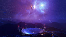 Artistic interpretaion of the gamma-ray binary LSI +61 303 pulsing above the FAST radio telescope