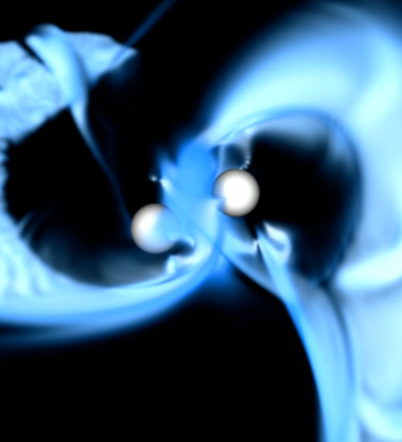 Simulation of the entanglement of neutron star's magnetic fields just before merging