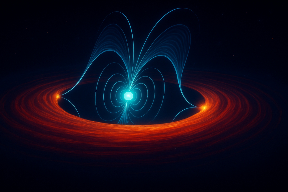Illustration of PSR J1023 showing the interaction between the pulsar magnetic field and accretion disk 