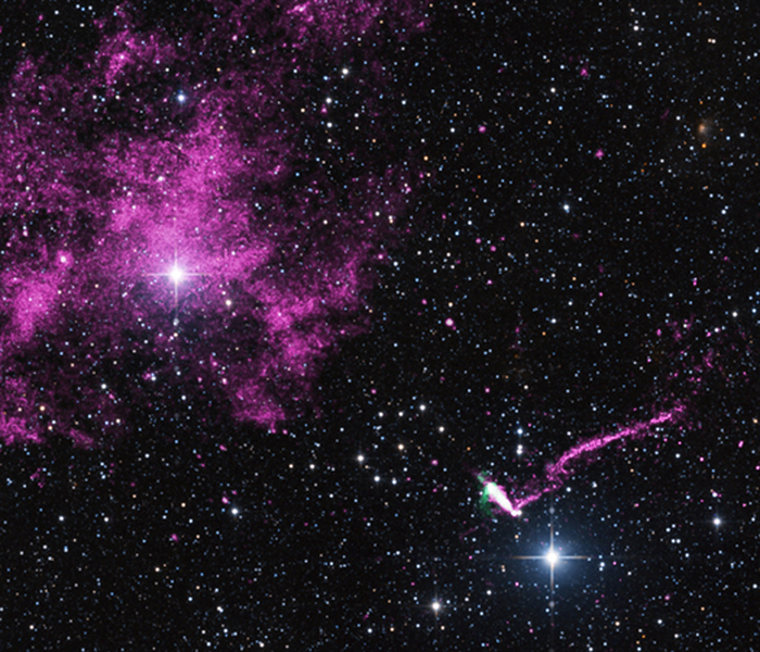 Runaway pulsar composite X-ray, radio and optical image