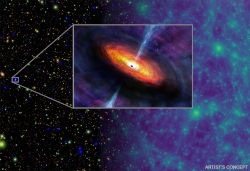 Left: X-ray image of a growing black hole and an illustration of an accreting supermassive black hole; Right: computer simulation of the growth of structure in the Universe