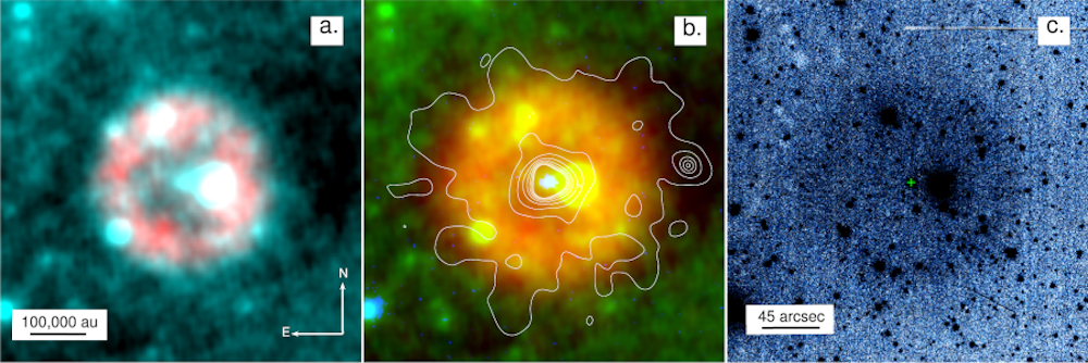 (a) WISE IR false color image of Pa 30; (b)false-color IR image with XMM-Newton X-ray contoursthe emission from the central star is highlighted in blue from the GALEX near-UV data, while the XMM-Newton contours; (c) deep KPNO optical image showing the diffuse SN shell