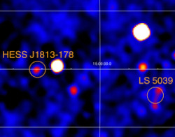 INTEGRAL Hard X-ray image of the Milky Way disk, with some TeV sources marked