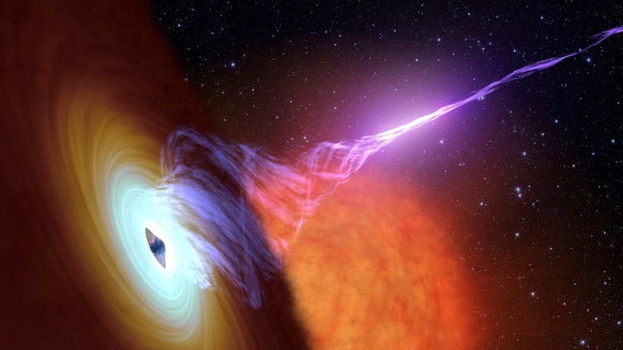 Artist rendition of an accretion disk and jet around a black hole in an X-ray binary system