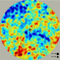 A simulated 30 degree diameter map of the CMB polarization superimposed on the CMB temperature anisotropy centered on the South Celestial Pole. The top panel shows the total polarization field due to the sum of the scalar and tensor modes, with T/S - 0.28