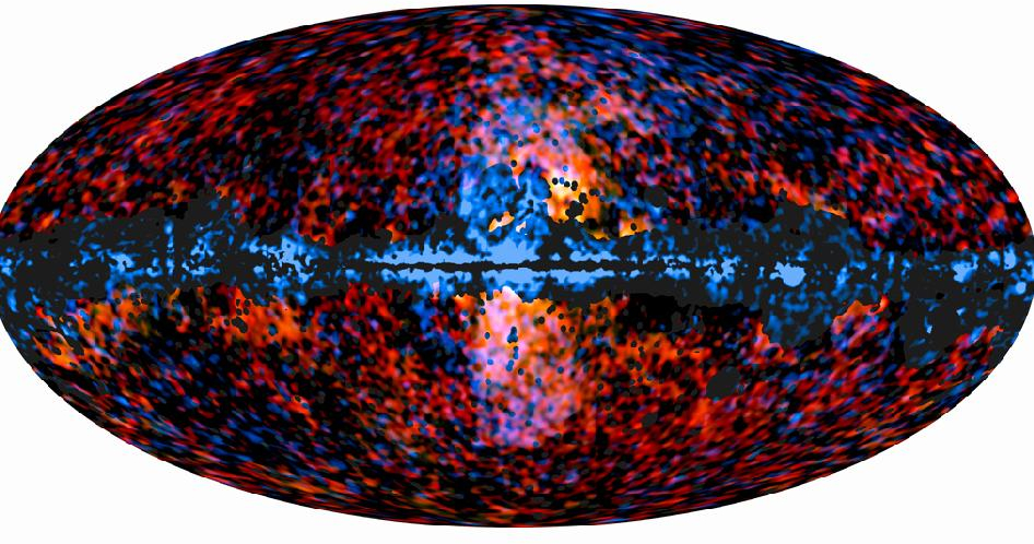 Planck (blue) and Fermi (red) all sky images superimposed