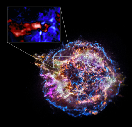 Composite image of Cas A supernova remnant; inset: Silicon-rich vs. neon-rich material portions of the remnant Composite image of Cas A supernova remnant; inset: Silicon-rich vs. neon-rich material portions of the remnant