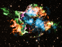 Chandra and NuSTAR X-ray image of the Cas A supernova remnant, showing the spatial distribution of different chemical elements