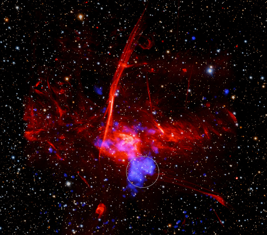 Composite X-ray  (blue), radio (red) and optical image of the Sgr C star forming region near the center of the Milky Way; the circle shows a putative core-collapse supernova remnant
