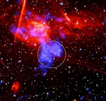 Composite X-ray  (blue), radio (red) and optical image of the Sgr C star forming region near the center of the Milky Way; the circle shows a putative core-collapse supernova remnant