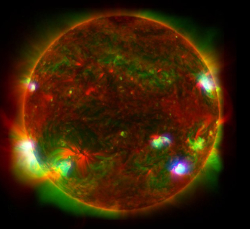 Multi-wavelength image of the energetic Sun