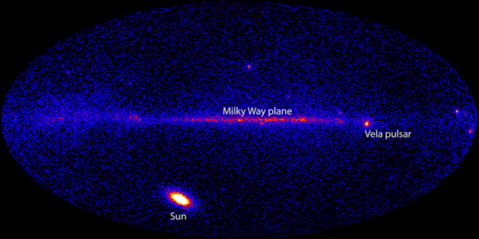 LAT image showing the entire sky on March 7 in the light of gamma rays with energies beyond 100 MeV