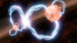 Artist illustration of the the entangled magnetic fields in the protostellar binary DQ Tau