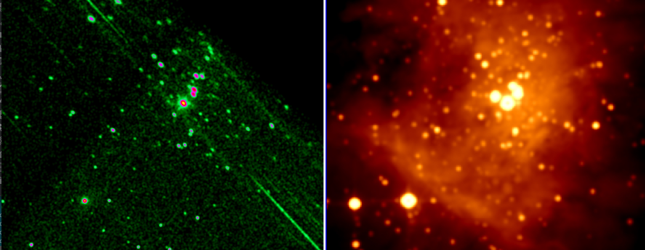 left: Chandra HETGS image of the Trapezium; right: infrared image of the Trapezium