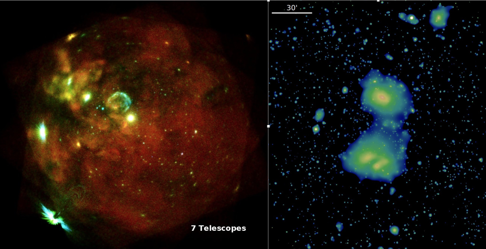 eROSITA first light with all 7 telescopes.  Left: X-ray image of the LMC; Right: Interacting galaxies