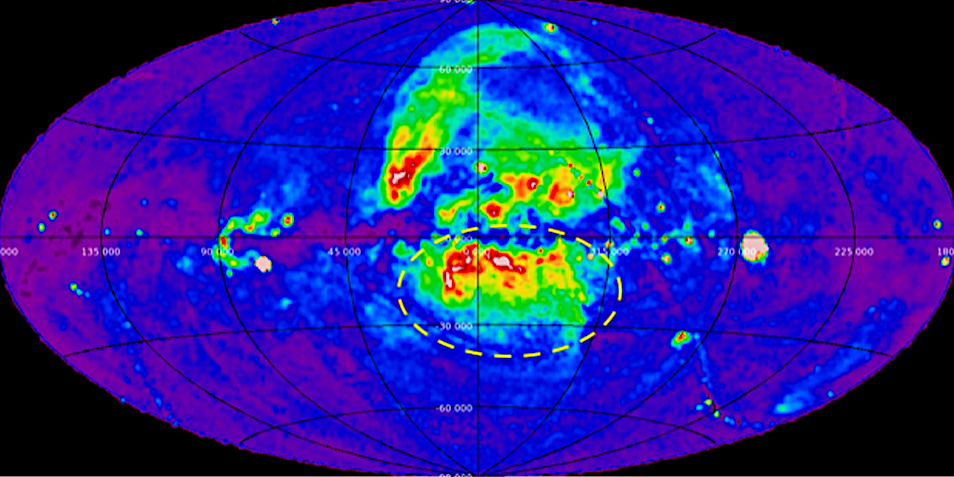 X-ray image of the Milky Way showing.  The dashed region shows the part of the Galaxy being studied by XQC