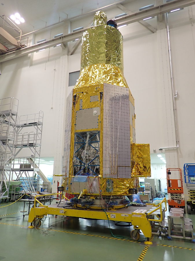 The XRISM spacecraft undergoing final testing in May 2023 at Tsukuba Space Center, Japan.