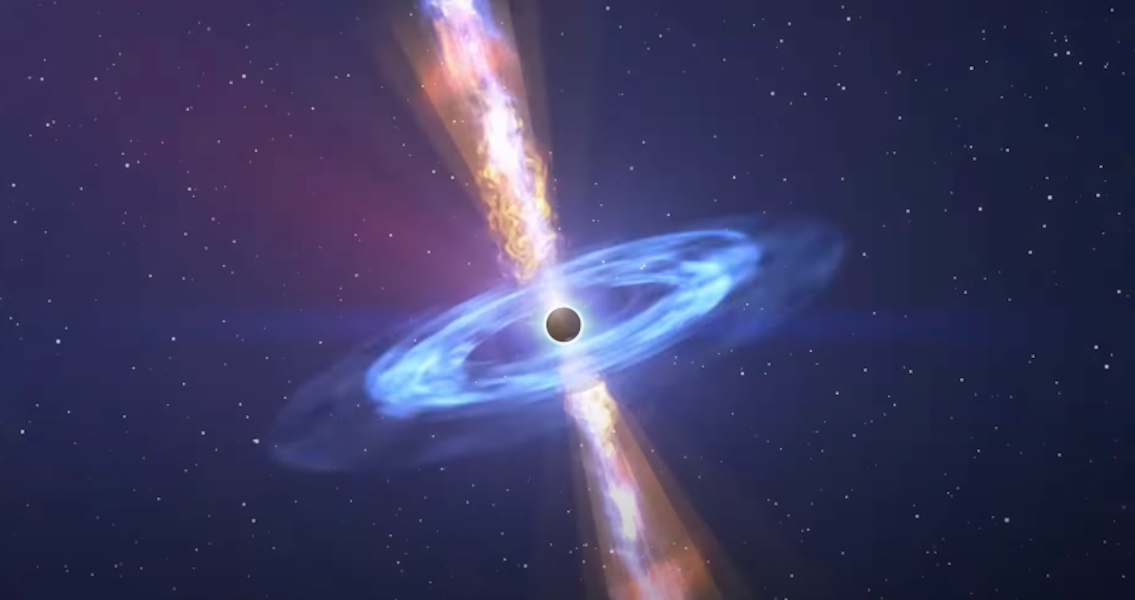 Illustration showing the formation of a transient jet due to the accretion of a star by a black hole