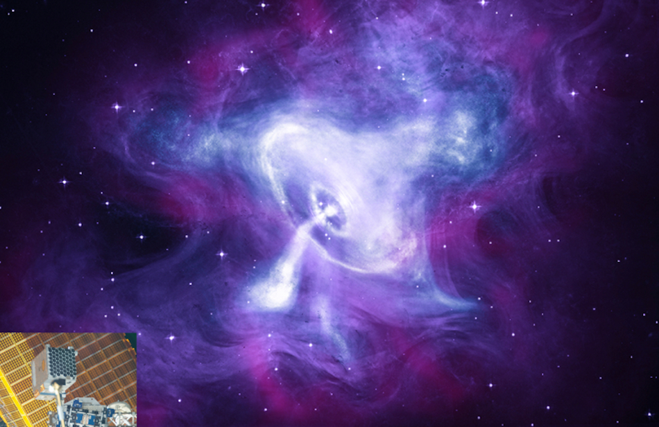 Chandra X-ray (blue and white), Hubble optical (purple), and Spitzer IR (pink) image of the Crab Nebula and NICER (inset)  with an ISS solar panel in the background