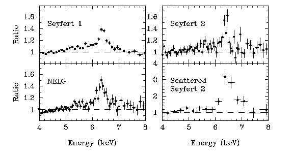 h3>

X-ray spectra of AGN show evidence for
line emission peaking at a rest energy of 6.4 keV. This is thought to
be due to a fluorescence line from the K-shell of iron, produced when
the nuclear continuum radiation is reprocessed by circumnuclear
material. Early results from ASCA showed the lines in these sources
to be extremely broad, with FWHM implying relativistic velocities of
order 0.2c. Furthermore, the Fe K-alpha lines showed profiles having a
strong asymmetry to the red (MCG-6-30-15 Tanaka et al. 1995 Nature 375,
659; NGC 4151 Yaqoob et al. 1995 ApJ 453, L81), indicative of the
gravitational redshifts associated with the inner regions of an
accretion disk surrounding the black hole. 
Thus, the study of Fe K-alpha profiles in AGN represents one of the few cases
where general relativistic effects are directly measurable, and are
produced in the most intense gravitational field observed.  These
lines provide the means to probe the immediate environment
of a black hole. Furthermore, as they are thought to arise by
X-irradiation of the inner accretion disk orbiting the hole, the line
profiles can be used to explore the central regions of AGN in detail.
A study of archival ASCA data on a sample of Seyfert 1's (Nandra
et al. 1997 ApJ 477, 602) has shown that asymmetric profiles are
extremely common. Fits to a disk-line model show a very clear
preference for low-inclination systems, indicating that the inner
regions of Seyfert 1 galaxies tend to be observed face-on. Nandra
et al. (1997 MNRAS 284, L7) presented a systematic analysis of a
sample of Seyfert galaxies. This study showed that for Seyfert 1
galaxies the line emission comes from a range of radii in the disk;
that the surface of the disk is not strongly photoionized (and is
therefore very dense); that the pattern of X-ray illumination differs
from source-to-source and that no strong component from an origin
other than the disk is required by the data.  Furthermore, two ASCA 
observations of NGC3516, separated by 1 year, showed a 60% drop in
the flux of the Fe K-alpha line, correlated with a drop in continuum flux
(Nandra et al. 1997 MNRAS 284, L7). This measurement constrains the
line to originate within 1 pc of the nucleus. Yaqoob et al. (1996 ApJ 
470, 27) also present evidence of rapid variability of the shape of
the Fe K-alpha line in the narrow-line Seyfert galaxy NGC 7314.  The X-ray
continuum varies by a factor of 2 on a timescale of hundreds of
seconds, and it appears that emission in the red wing of the Fe K-alpha line
below ~6 keV responds to these variations on timescales of less
than ~3x10^4 s. The response becomes slower and slower toward
the line peak near 6.4 keV.  An explanation of the less variable
narrow core of the iron line is that it originates in distant, cold
matter such as a molecular torus.

<p>
<center><img src=