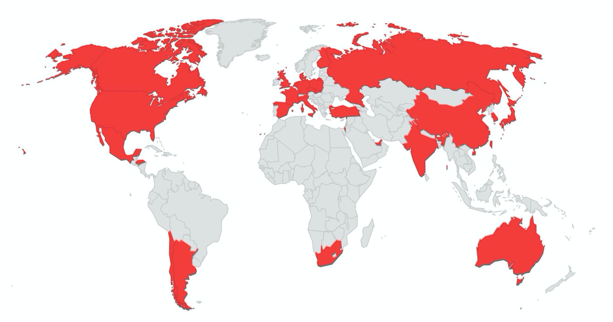 Twenty-nine countries, shown in red, host 415 unique Principal and Co-Investigators of NICER Cycle 4 Guest Observer proposals submitted for the November 10, 2021 deadline.