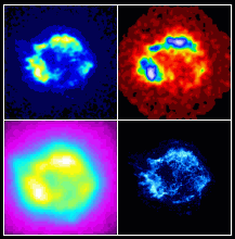 Example images: Cas A viewed in various color schemes
