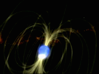 computer graphic of neutron star with field lines visible