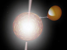 GX 339-4, illustrated here, is a typical microquasar. A black hole orbits an
evolved star, which donates matter to it. 