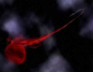 artist's concept of planet-sized object (foreground) orbiting a pulsar (upper
right)