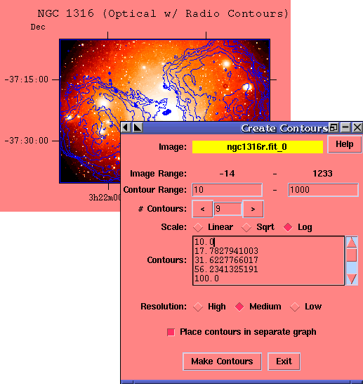 screen capture of contours
dialog box and resulting image with contours
overlaid